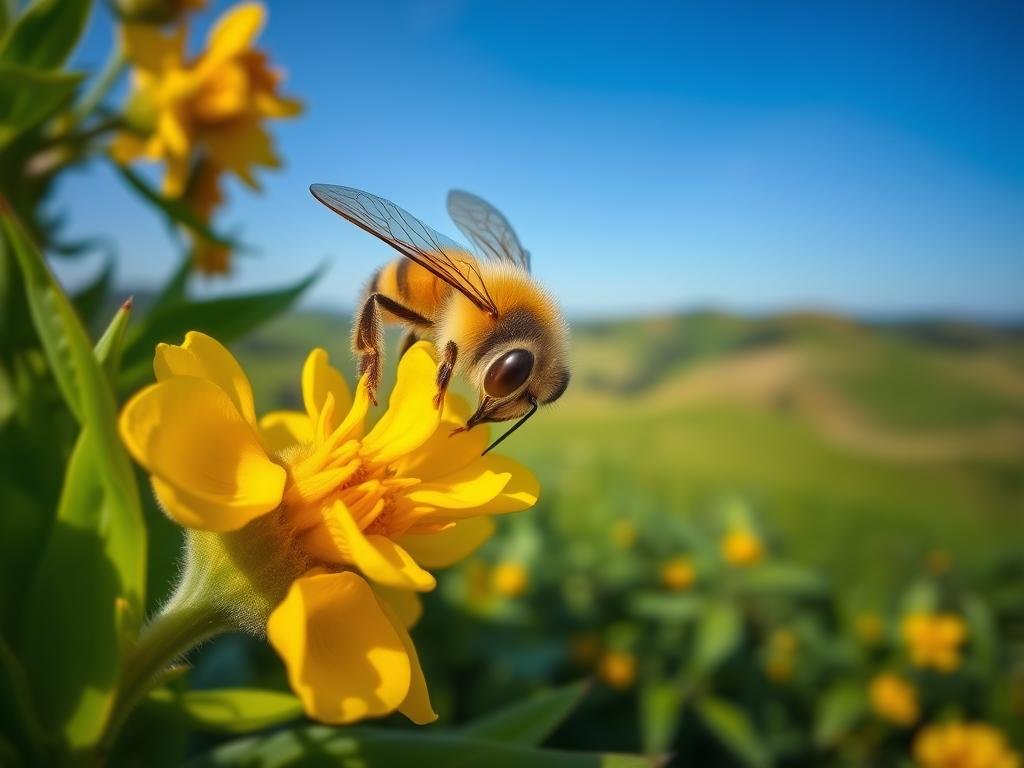 A detailed close-up view of a honeybee pollinating a vibrant yellow flower, surrounded by lush green foliage. The bee's compound eyes and intricate wing structure are captured in sharp focus, highlighting the delicate beauty and vital role of these pollinators. Warm, natural lighting illuminates the scene, evoking a sense of tranquility and harmony within the ecosystem. In the background, a subtle landscape of rolling hills and a clear blue sky creates a serene, pastoral atmosphere. The image should convey the importance of protecting these industrious Apicoltura creatures and their essential contribution to the natural world.