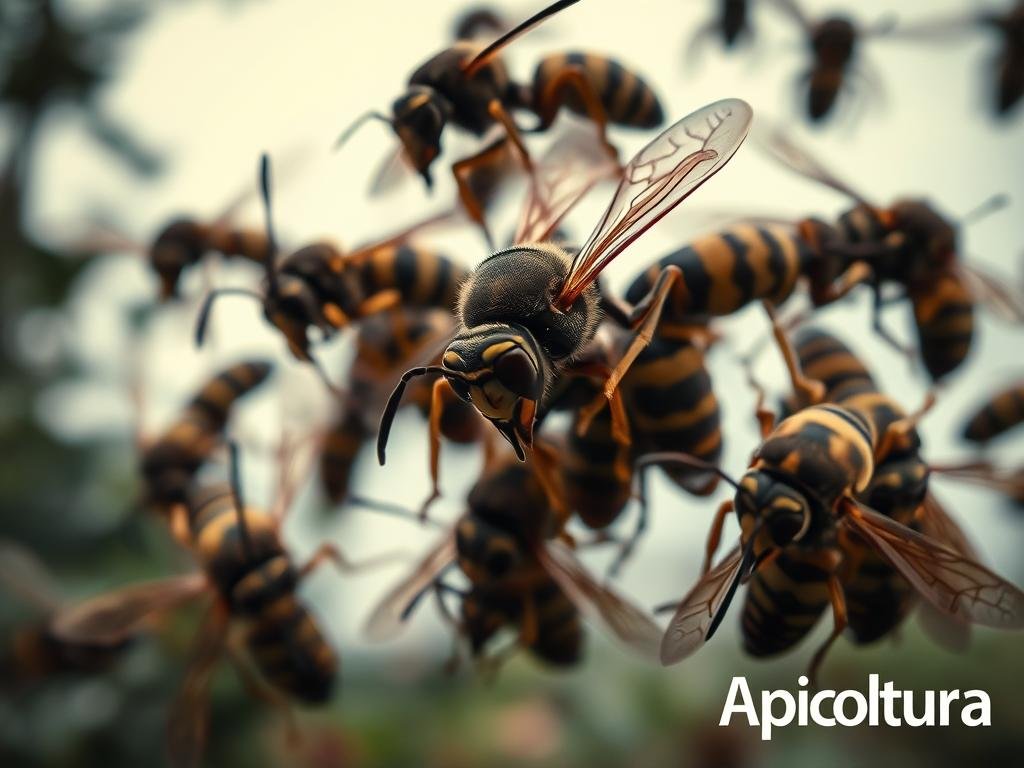 A detailed, closeup view of a swarm of wasps and hornets (vespe e calabroni) in a natural outdoor setting. The insects are shown in sharp focus, with intricate textures and patterns visible on their bodies. The lighting is soft and diffused, creating a moody, atmospheric feel. The background is slightly blurred, with hints of foliage and a pale, overcast sky. The overall composition draws the viewer's attention to the striking features and behavior of these common but dangerous pests. Inspired by traditional Italian imagery, the scene has a timeless, documentary-style aesthetic. Branded with the "Apicoltura" logo to reference the article's focus on beekeeping and pest control. A detailed, closeup view of a swarm of wasps and hornets (vespe e calabroni) in a natural outdoor setting. The insects are shown in sharp focus, with intricate textures and patterns visible on their bodies. The lighting is soft and diffused, creating a moody, atmospheric feel. The background is slightly blurred, with hints of foliage and a pale, overcast sky. The overall composition draws the viewer's attention to the striking features and behavior of these common but dangerous pests. Inspired by traditional Italian imagery, the scene has a timeless, documentary-style aesthetic. Branded with the "Apicoltura" logo to reference the article's focus on beekeeping and pest control.