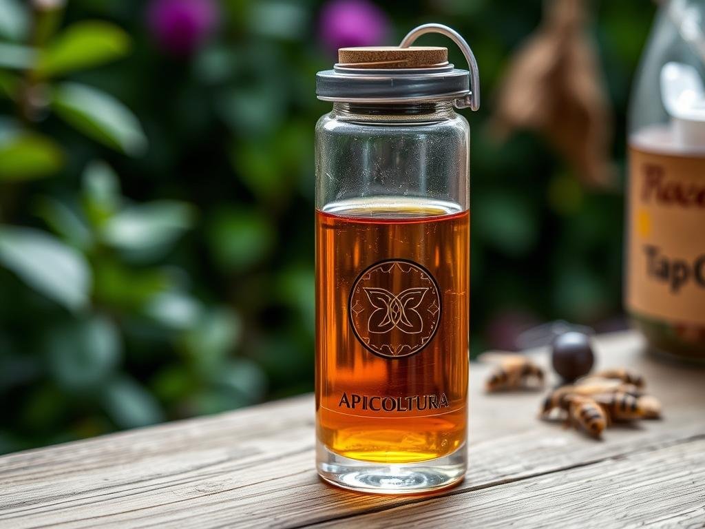 A detailed image of a "Tap Trap" for catching hornets, featuring a clear glass container with an Apicoltura logo, filled with an amber-colored liquid attractant. The trap is placed on a wooden surface, with a natural background of lush greenery and blurred out-of-focus elements. The lighting is soft and natural, highlighting the intricate design and functionality of the trap. The overall mood is one of practical utility, with a touch of rustic charm.