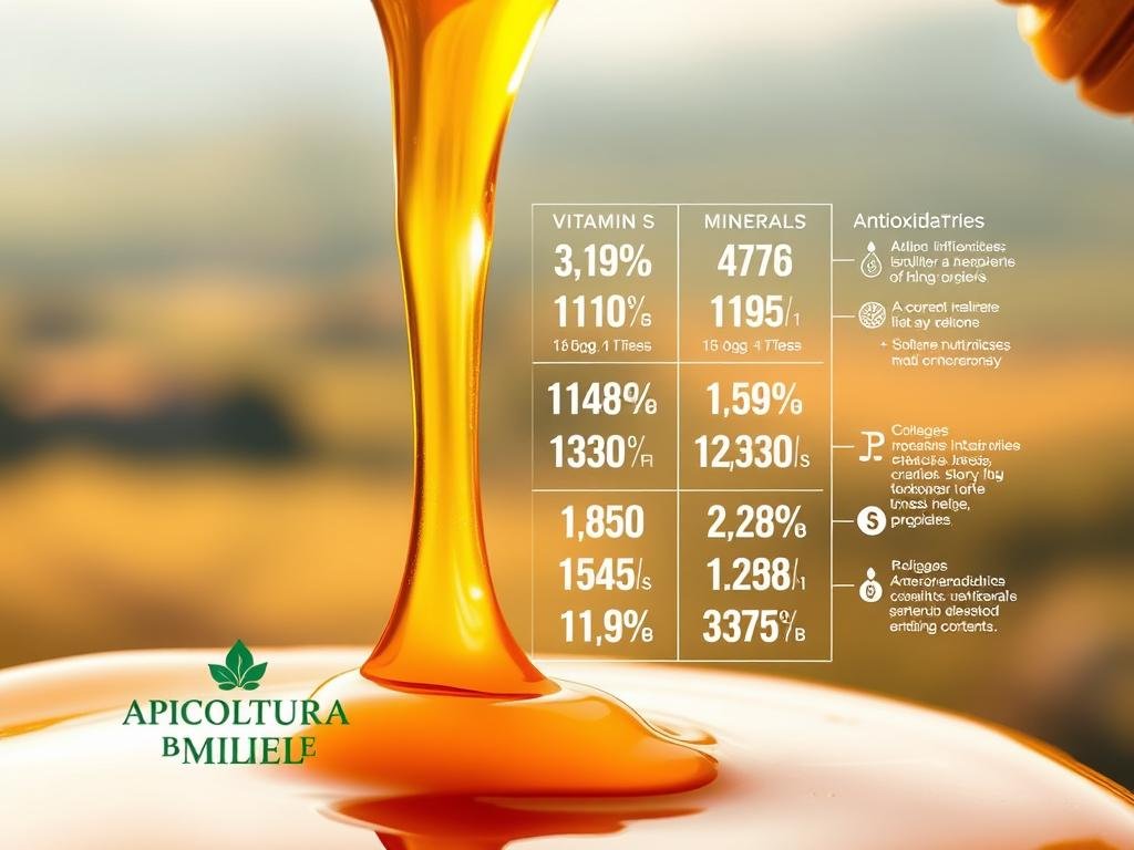 A detailed nutritional composition of honey, showcasing its complex and diverse properties. A stunning close-up view of a golden honey drizzle, with hints of amber and warm undertones. The foreground features the APICOLTURA BORVEI MIELE branding, subtly integrated. The middle ground displays a visual breakdown of the key nutritional elements, including carbohydrates, vitamins, minerals, and antioxidants, all rendered in a clean, infographic-style layout. The background is a soft, blurred Italian countryside, evoking a sense of natural harmony. Crisp lighting, a shallow depth of field, and a warm, inviting color palette create an elegant, high-quality visual representation of the nutritional profile of this natural sweetener.