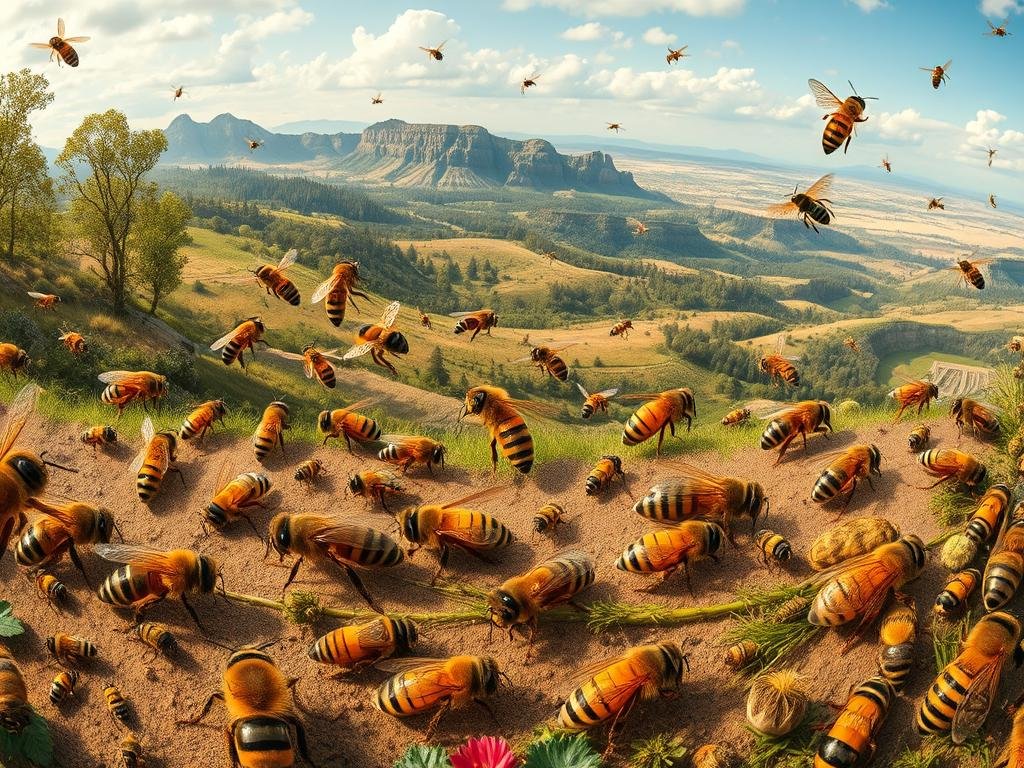 A detailed, panoramic illustration of the evolutionary history of bees (Apicoltura) over the millennia. In the foreground, a diverse array of bee species, from ancient, primitive forms to modern honeybees, captured in various stages of development and adaptation. The middle ground depicts the gradual transformation of bee habitats, from lush, primeval forests to the emergence of flowering plants and agriculture. In the background, a sweeping timeline of geological eras charts the co-evolutionary dance between bees and their environment, set against a softly lit, painterly landscape evocative of an Italian nature documentary. A detailed, panoramic illustration of the evolutionary history of bees (Apicoltura) over the millennia. In the foreground, a diverse array of bee species, from ancient, primitive forms to modern honeybees, captured in various stages of development and adaptation. The middle ground depicts the gradual transformation of bee habitats, from lush, primeval forests to the emergence of flowering plants and agriculture. In the background, a sweeping timeline of geological eras charts the co-evolutionary dance between bees and their environment, set against a softly lit, painterly landscape evocative of an Italian nature documentary.