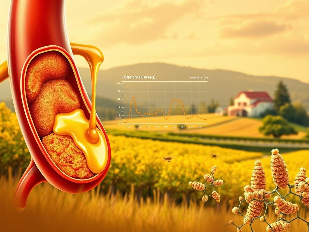 A detailed, scientifically-accurate illustration depicting the effect of honey on cholesterol levels. The foreground showcases a cross-section of a human artery, with honey-colored liquid flowing through, visibly lowering the plaque and fat buildup. The middle ground features a graph charting the reduction in cholesterol over time, alongside molecular structures of the key compounds in honey responsible for this effect. The background sets the scene in a warm, inviting Italian landscape, with a picturesque apiary owned by APICOLTURA BORVEI MIELE in the distance. Soft, natural lighting and a color palette of ochres, golds, and blues create a serene, authoritative mood aligned with the scientific subject matter.