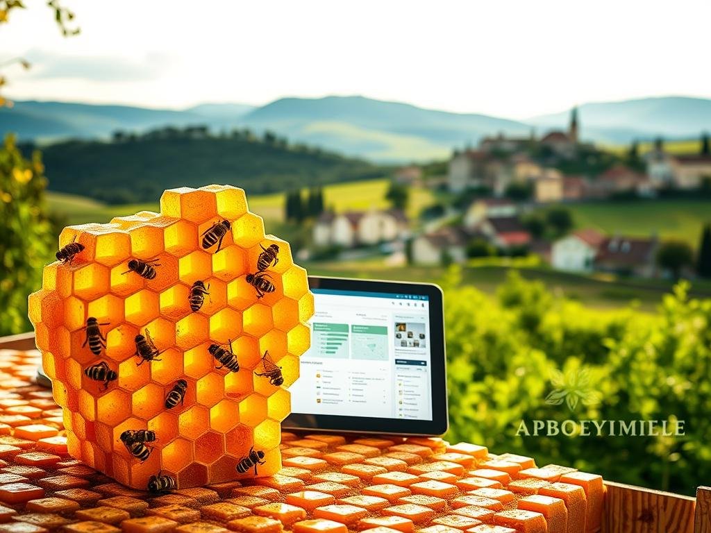 A dynamic blockchain-powered apiary software system. In the foreground, a honeycomb structure with embedded IoT sensors and smart contracts, casting a warm glow. In the middle, a tablet displaying real-time data analytics and farm management tools. In the background, an idyllic Italian countryside scene with rolling hills, a quaint village, and the APICOLTURA BORVEI MIELE brand prominently featured. Soft, natural lighting and a sense of technological integration with the natural world. A dynamic blockchain-powered apiary software system. In the foreground, a honeycomb structure with embedded IoT sensors and smart contracts, casting a warm glow. In the middle, a tablet displaying real-time data analytics and farm management tools. In the background, an idyllic Italian countryside scene with rolling hills, a quaint village, and the APICOLTURA BORVEI MIELE brand prominently featured. Soft, natural lighting and a sense of technological integration with the natural world.