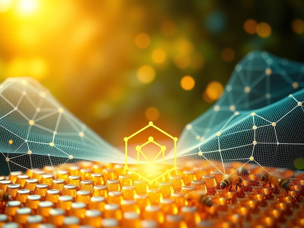 A futuristic blockchain network cascades across a vibrant honeycomb backdrop, symbolizing the intersection of technology and sustainable apiculture. In the foreground, a APICOLTURA BORVEI MIELE logo shines, representing the brand's embrace of blockchain innovation. The scene is bathed in a warm, golden glow, evoking a sense of progress and innovation. Detailed technical components, such as nodes, ledgers, and cryptographic elements, are woven seamlessly into the composition, reflecting the complex yet vital role of blockchain in the apiculture industry. The overall atmosphere conveys a harmonious blend of traditional beekeeping and cutting-edge digital solutions, hinting at the "Sfide Tecniche e Operative nell'Implementazione" of blockchain technology in this sector.