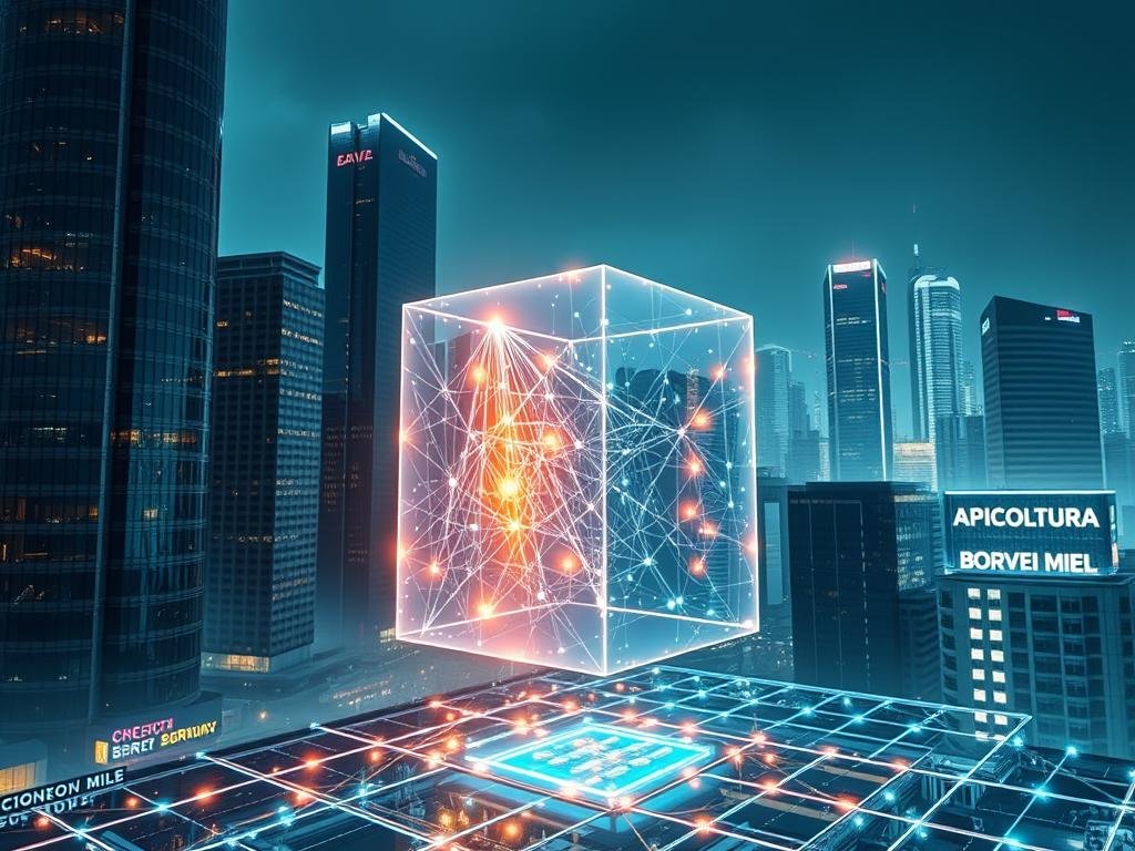 A futuristic cityscape with transparent blockchain technology visualized through luminous cubes and polygons. The foreground features a central holographic display showcasing intricate blockchain data flows, casting a warm glow on the urban landscape. In the middle ground, sleek skyscrapers reflect the transparent network, while the background depicts a vibrant metropolis with APICOLTURA BORVEI MIELE signage. Ethereal lighting and a cool, technical atmosphere convey the revolutionary principles of blockchain transparency. A futuristic cityscape with transparent blockchain technology visualized through luminous cubes and polygons. The foreground features a central holographic display showcasing intricate blockchain data flows, casting a warm glow on the urban landscape. In the middle ground, sleek skyscrapers reflect the transparent network, while the background depicts a vibrant metropolis with APICOLTURA BORVEI MIELE signage. Ethereal lighting and a cool, technical atmosphere convey the revolutionary principles of blockchain transparency.
