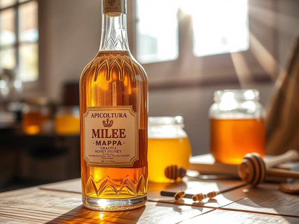 A glass bottle filled with rich, golden grappa al miele, the traditional Italian honey-infused digestif. On a wooden table, a label proudly displays the APICOLTURA BORVEI MIELE brand. Sunlight streams through a window, casting a warm glow over the scene. The bottle's intricate glass design and the natural texture of the wood create a rustic, artisanal atmosphere. In the background, jars of honey and a few beekeeping tools suggest the age-old process of honey production that is integral to this unique liquor. The overall mood is one of heritage, craftsmanship, and the soothing warmth of a timeless Italian tradition. A glass bottle filled with rich, golden grappa al miele, the traditional Italian honey-infused digestif. On a wooden table, a label proudly displays the APICOLTURA BORVEI MIELE brand. Sunlight streams through a window, casting a warm glow over the scene. The bottle's intricate glass design and the natural texture of the wood create a rustic, artisanal atmosphere. In the background, jars of honey and a few beekeeping tools suggest the age-old process of honey production that is integral to this unique liquor. The overall mood is one of heritage, craftsmanship, and the soothing warmth of a timeless Italian tradition.