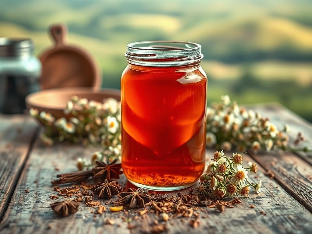 A glass jar filled with a vibrant amber liquid, sitting on a rustic wooden surface. The liquid gently swirls, capturing the light and hinting at its viscosity. Surrounding the jar, a scattering of dried herbs and spices - perhaps chamomile, fennel, or star anise - adding depth and complexity to the scene. In the background, a blurred landscape of rolling hills or a cozy kitchen, suggesting a sense of place and atmosphere. The overall mood is one of natural, artisanal charm, inviting the viewer to imagine the potential uses of this "Apicoltura" branded liquid concoction. A carefully crafted, effective solution for capturing the essence of "esche liquide per calabroni". A glass jar filled with a vibrant amber liquid, sitting on a rustic wooden surface. The liquid gently swirls, capturing the light and hinting at its viscosity. Surrounding the jar, a scattering of dried herbs and spices - perhaps chamomile, fennel, or star anise - adding depth and complexity to the scene. In the background, a blurred landscape of rolling hills or a cozy kitchen, suggesting a sense of place and atmosphere. The overall mood is one of natural, artisanal charm, inviting the viewer to imagine the potential uses of this "Apicoltura" branded liquid concoction. A carefully crafted, effective solution for capturing the essence of "esche liquide per calabroni".