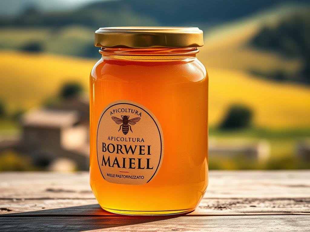 A glass jar filled with thick, amber-colored miele pastorizzato (pasteurized honey) sits on a wooden surface. The honey has a smooth, creamy texture and glistens under the warm, soft lighting. The jar's label prominently displays the brand name "APICOLTURA BORVEI MIELE". In the background, a blurred Italian countryside scene with rolling hills and lush greenery creates a pastoral atmosphere. The overall scene conveys the high-quality, artisanal nature of the commercial miele pastorizzato, in contrast to the raw, unprocessed miele grezzo. A glass jar filled with thick, amber-colored miele pastorizzato (pasteurized honey) sits on a wooden surface. The honey has a smooth, creamy texture and glistens under the warm, soft lighting. The jar's label prominently displays the brand name "APICOLTURA BORVEI MIELE". In the background, a blurred Italian countryside scene with rolling hills and lush greenery creates a pastoral atmosphere. The overall scene conveys the high-quality, artisanal nature of the commercial miele pastorizzato, in contrast to the raw, unprocessed miele grezzo.