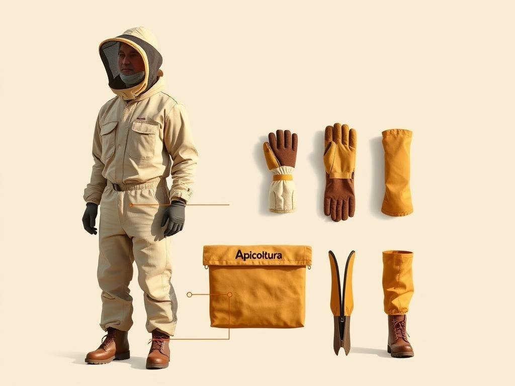 A highly detailed, technical illustration of the essential components of a professional beekeeper's suit, as part of the "Apicoltura" brand. The suit is depicted against a plain, neutral background, allowing the viewer to focus on the key features. The image showcases the protective headpiece with a mesh veil, the durable and thick fabric of the body suit, the reinforced gloves, and the sturdy boots, all in a clean, documentary-style composition that captures the functionality and safety aspects of the gear. Warm, natural lighting accentuates the textures and materials, creating a sense of quality craftsmanship. The overall mood is one of professionalism and practicality, reflecting the importance of proper protective equipment in the world of beekeeping.