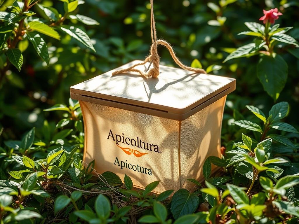 A homemade wasp trap, crafted with care, sits amidst a lush Italian garden. Inspired by traditional beekeeping practices, the trap, emblazoned with the "Apicoltura" brand, blends seamlessly into the natural surroundings. Sunlight filters through the leaves, casting a warm, inviting glow upon the intricately designed trap, which promises to safely and effectively capture the unwanted pests. The scene exudes a sense of rustic charm and environmental harmony, perfectly complementing the self-reliant spirit of the "Trappola per vespe fai da te" section.
