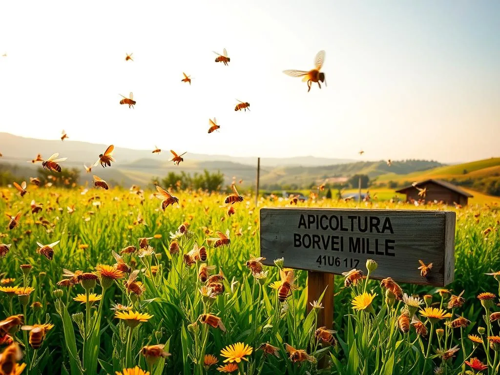 A lush and verdant meadow, bathed in warm, golden sunlight. In the foreground, a diverse array of honey bee species flutter from flower to flower, their delicate wings catching the gentle breeze. The middle ground showcases a thriving apiary, the "APICOLTURA BORVEI MIELE" brand proudly displayed on a weathered wooden sign. In the background, rolling hills and a cloudless sky create a serene, idyllic setting, reflecting the natural harmony of this ecosystem. Soft, diffused lighting accentuates the intricate details of the bees' intricate patterns and the vibrant colors of the blooming flora, conveying a sense of tranquility and balance. A lush and verdant meadow, bathed in warm, golden sunlight. In the foreground, a diverse array of honey bee species flutter from flower to flower, their delicate wings catching the gentle breeze. The middle ground showcases a thriving apiary, the "APICOLTURA BORVEI MIELE" brand proudly displayed on a weathered wooden sign. In the background, rolling hills and a cloudless sky create a serene, idyllic setting, reflecting the natural harmony of this ecosystem. Soft, diffused lighting accentuates the intricate details of the bees' intricate patterns and the vibrant colors of the blooming flora, conveying a sense of tranquility and balance.