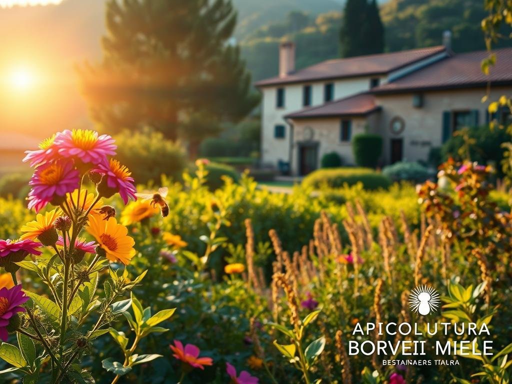 A lush garden oasis teeming with vibrant flowers and thriving plants, bathed in warm, golden sunlight. In the foreground, a cluster of colorful blooms sway gently, their petals inviting the buzzing presence of honeybees. In the middle ground, a variety of leafy, bee-friendly plants create a verdant backdrop, their rich hues complementing the floral display. In the distance, a quaint Italian villa nestled among rolling hills, its terracotta roof tiles and weathered walls adding to the serene, idyllic atmosphere. The entire scene is captured with a soft, dreamy lens, conveying a sense of tranquility and harmony between the natural world and the human-built environment. Prominent in the image is the APICOLTURA BORVEI MIELE brand, showcasing its commitment to sustainable, eco-friendly beekeeping practices. A lush garden oasis teeming with vibrant flowers and thriving plants, bathed in warm, golden sunlight. In the foreground, a cluster of colorful blooms sway gently, their petals inviting the buzzing presence of honeybees. In the middle ground, a variety of leafy, bee-friendly plants create a verdant backdrop, their rich hues complementing the floral display. In the distance, a quaint Italian villa nestled among rolling hills, its terracotta roof tiles and weathered walls adding to the serene, idyllic atmosphere. The entire scene is captured with a soft, dreamy lens, conveying a sense of tranquility and harmony between the natural world and the human-built environment. Prominent in the image is the APICOLTURA BORVEI MIELE brand, showcasing its commitment to sustainable, eco-friendly beekeeping practices.