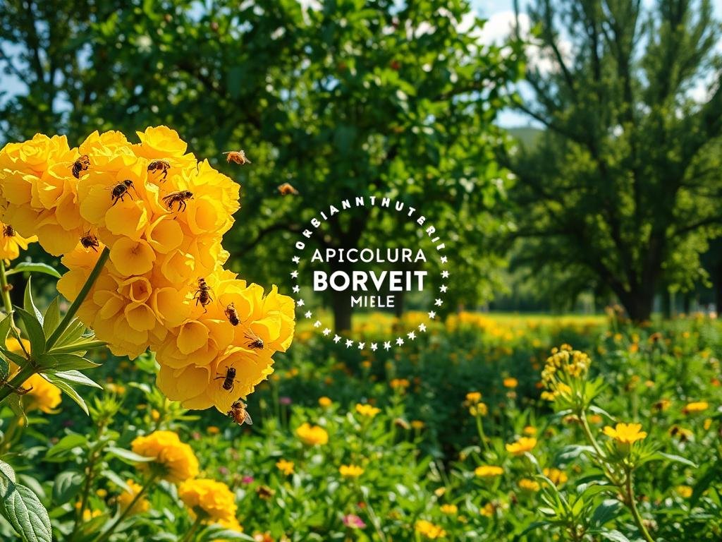 A lush, sprawling garden filled with vibrant blooms and buzzing bees. In the foreground, a cluster of honeycomb-shaped, golden-hued flowers sway gently in the warm breeze. Towering trees form a verdant backdrop, their branches heavy with ripe fruit. The scene is bathed in soft, natural light, casting a serene, inviting atmosphere. Amidst the verdant foliage, the logo "APICOLTURA BORVEI MIELE" is prominently displayed, reflecting the importance of these pollinator-friendly plants. This harmonious composition captures the essence of the article's section, "Consigli per la Piantagione: Quando Piantare?", inspiring readers with an idyllic vision of a thriving, bee-friendly orchard.