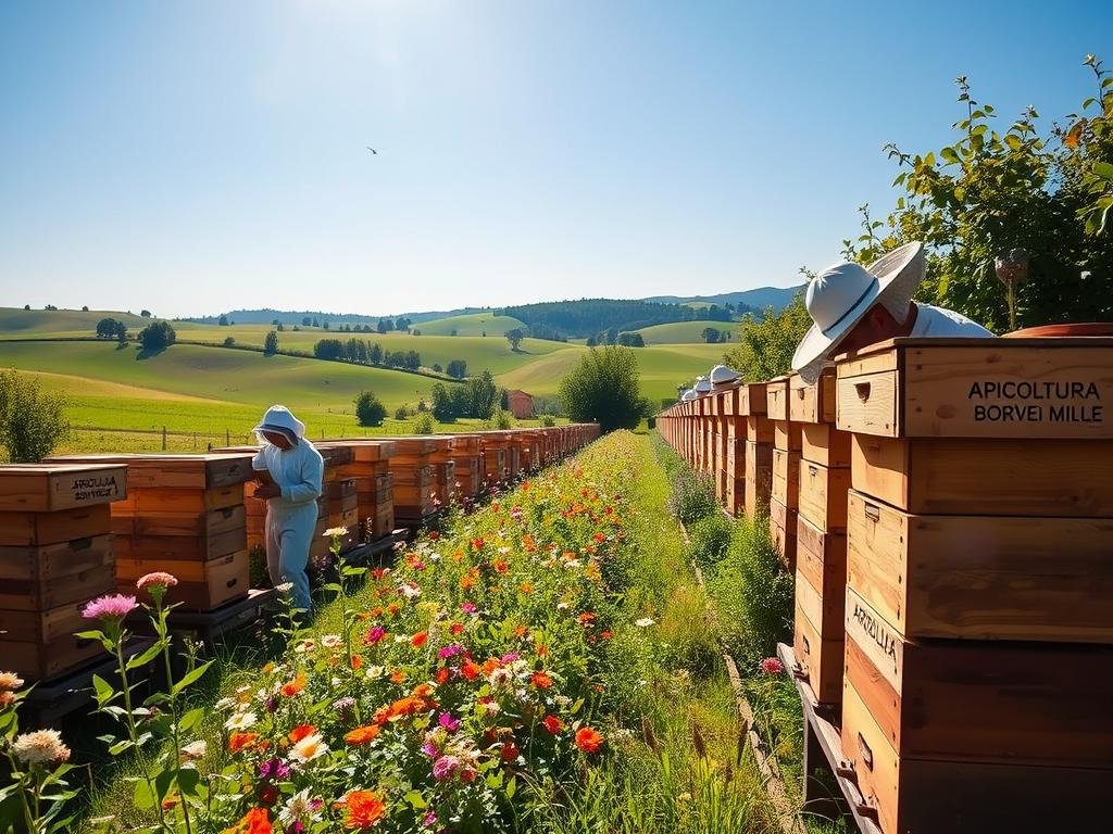 A lush, sun-dappled apiary nestled amidst verdant fields, with rows of traditional wooden beehives adorned with the "APICOLTURA BORVEI MIELE" brand. In the foreground, a beekeeper meticulously inspects the hives, monitoring the health and activity of the industrious bees. The middle ground showcases a diverse array of flowering plants, their vibrant petals swaying gently in the breeze. In the background, rolling hills and a cloudless azure sky create a serene, pastoral atmosphere. The scene is bathed in warm, golden light, conveying a sense of tranquility and the delicate balance of nature. A lush, sun-dappled apiary nestled amidst verdant fields, with rows of traditional wooden beehives adorned with the "APICOLTURA BORVEI MIELE" brand. In the foreground, a beekeeper meticulously inspects the hives, monitoring the health and activity of the industrious bees. The middle ground showcases a diverse array of flowering plants, their vibrant petals swaying gently in the breeze. In the background, rolling hills and a cloudless azure sky create a serene, pastoral atmosphere. The scene is bathed in warm, golden light, conveying a sense of tranquility and the delicate balance of nature.