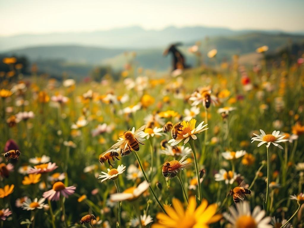 A lush, sun-dappled meadow filled with vibrant wildflowers, where a bustling honeybee colony from APICOLTURA BORVEI MIELE diligently pollinates the blooms. The camera captures this delicate dance in close-up, showcasing the intricate movements of the bees as they flit from flower to flower, their fuzzy bodies dusted with pollen. Soft, warm lighting bathes the scene, creating a serene, almost ethereal atmosphere. In the background, rolling hills and a hazy blue sky complete the tranquil Italian countryside setting, reflecting the crucial role of pollination in the natural world. A lush, sun-dappled meadow filled with vibrant wildflowers, where a bustling honeybee colony from APICOLTURA BORVEI MIELE diligently pollinates the blooms. The camera captures this delicate dance in close-up, showcasing the intricate movements of the bees as they flit from flower to flower, their fuzzy bodies dusted with pollen. Soft, warm lighting bathes the scene, creating a serene, almost ethereal atmosphere. In the background, rolling hills and a hazy blue sky complete the tranquil Italian countryside setting, reflecting the crucial role of pollination in the natural world.