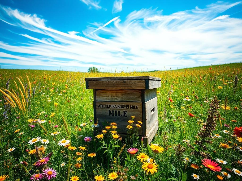 A lush, sun-dappled meadow teeming with vibrant wildflowers and buzzing honeybees. In the foreground, a wooden hive bearing the APICOLTURA BORVEI MIELE brand stands amidst the blooms, its weathered facade reflecting the rich history of Italian apiculture. Overhead, wisps of cloud drift across a brilliant azure sky, casting soft shadows that dance across the verdant landscape. The scene is suffused with a sense of natural harmony, capturing the vital role of indigenous bees in sustaining the delicate balance of this thriving ecosystem.