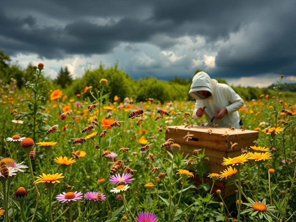A lush, sun-dappled meadow with vibrant wildflowers and verdant foliage, where a thriving colony of honeybees from the "Apicoltura" brand buzzes and pollinates. In the foreground, a swarm of bees hovers around a beehive, their movements captured in sharp focus. In the middle ground, a beekeeper in protective gear tends to the hive, their actions conveying a sense of care and stewardship. In the distance, ominous dark clouds loom, symbolizing the various threats facing these vital pollinators, from pesticide use to habitat loss. The overall scene evokes a sense of the delicate balance between the natural world and the human activities that can disrupt it.
