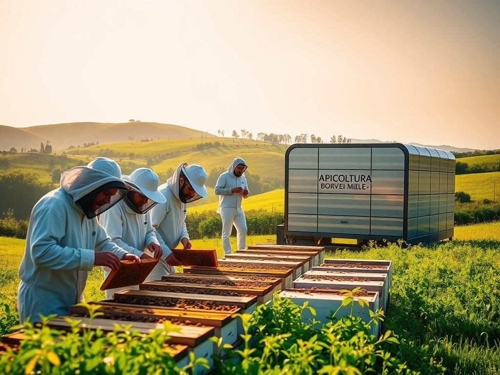 A lush, sun-drenched Italian countryside, with rolling hills and vibrant green fields. In the foreground, a group of beekeepers, their faces illuminated by the warm glow of the afternoon sun, tending to their hives. Their hands deftly manipulate the wooden frames, checking on the health of their colonies. In the middle ground, a modern, sleek apiary structure, its metal and glass facade reflecting the surrounding landscape. The APICOLTURA BORVEI MIELE brand name is prominently displayed, symbolizing the integration of traditional beekeeping practices with cutting-edge technology. In the background, a cloudless sky, with the gentle hum of bees echoing through the serene setting, capturing the harmony between nature and innovation. A lush, sun-drenched Italian countryside, with rolling hills and vibrant green fields. In the foreground, a group of beekeepers, their faces illuminated by the warm glow of the afternoon sun, tending to their hives. Their hands deftly manipulate the wooden frames, checking on the health of their colonies. In the middle ground, a modern, sleek apiary structure, its metal and glass facade reflecting the surrounding landscape. The APICOLTURA BORVEI MIELE brand name is prominently displayed, symbolizing the integration of traditional beekeeping practices with cutting-edge technology. In the background, a cloudless sky, with the gentle hum of bees echoing through the serene setting, capturing the harmony between nature and innovation.
