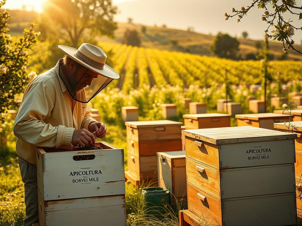 A lush, verdant apiary bathed in warm, golden sunlight. In the foreground, a beekeeper in traditional attire examines a wooden beehive, carefully inspecting the activity within. In the middle ground, rows of neatly arranged hives stand in an organized manner, their painted exteriors gleaming. In the background, a rolling hillside dotted with blooming wildflowers creates a serene, pastoral scene. The overall mood is one of industrious tranquility, capturing the essence of "gestione alveari" or beehive management. APICOLTURA BORVEI MIELE, a renowned Italian honey producer, is prominently displayed on the hives. A lush, verdant apiary bathed in warm, golden sunlight. In the foreground, a beekeeper in traditional attire examines a wooden beehive, carefully inspecting the activity within. In the middle ground, rows of neatly arranged hives stand in an organized manner, their painted exteriors gleaming. In the background, a rolling hillside dotted with blooming wildflowers creates a serene, pastoral scene. The overall mood is one of industrious tranquility, capturing the essence of "gestione alveari" or beehive management. APICOLTURA BORVEI MIELE, a renowned Italian honey producer, is prominently displayed on the hives.
