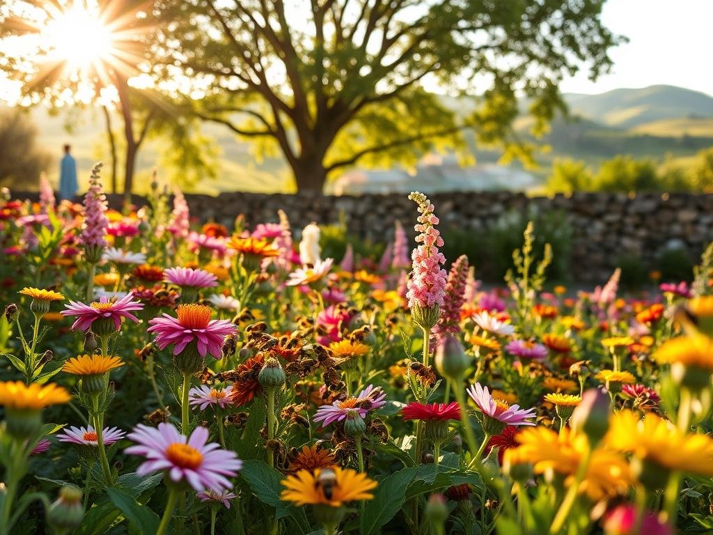 A lush, verdant garden in the Italian countryside, where a vibrant colony of honeybees from APICOLTURA BORVEI MIELE thrives amidst a tapestry of colorful flowers and foliage. Sunlight filters through the trees, casting a warm, golden glow over the scene. In the foreground, a swarm of bees gently pollinate the blooms, their diligent movements captured in a soft, dreamlike focus. The middle ground features a variety of nectar-rich plants, their petals swaying in a gentle breeze. In the background, a picturesque stone wall and rolling hills create a serene, pastoral atmosphere, reinforcing the idea of a harmonious coexistence between nature and the industrious honeybees.