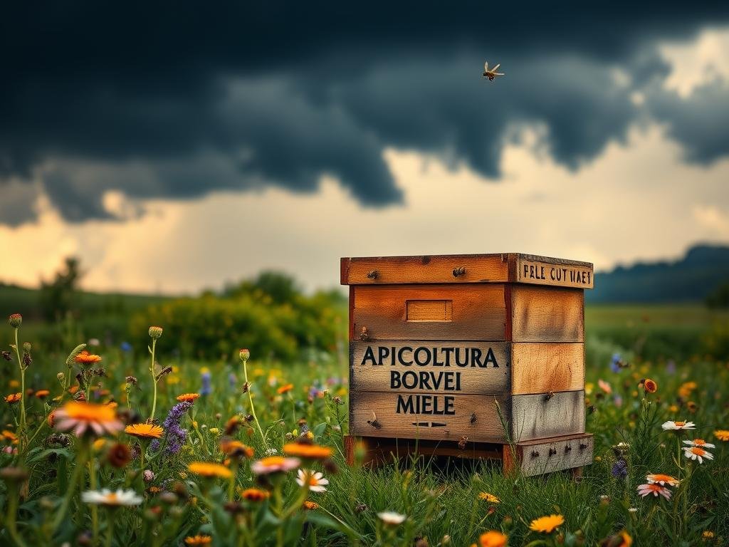 A lush, verdant landscape with a beehive in the foreground, surrounded by vibrant wildflowers and buzzing honeybees. The hive is adorned with the branding "APICOLTURA BORVEI MIELE", reflecting the artisanal nature of Italian apiculture. In the background, dark storm clouds loom, casting an ominous shadow over the scene, symbolizing the looming threat of climate change to the delicate ecosystem. Soft, warm lighting illuminates the foreground, creating a sense of tranquility amidst the impending environmental crisis. The image captures the beauty and fragility of the relationship between bees and their natural habitat, inviting the viewer to contemplate the impact of climate change on these vital pollinators. A lush, verdant landscape with a beehive in the foreground, surrounded by vibrant wildflowers and buzzing honeybees. The hive is adorned with the branding "APICOLTURA BORVEI MIELE", reflecting the artisanal nature of Italian apiculture. In the background, dark storm clouds loom, casting an ominous shadow over the scene, symbolizing the looming threat of climate change to the delicate ecosystem. Soft, warm lighting illuminates the foreground, creating a sense of tranquility amidst the impending environmental crisis. The image captures the beauty and fragility of the relationship between bees and their natural habitat, inviting the viewer to contemplate the impact of climate change on these vital pollinators.