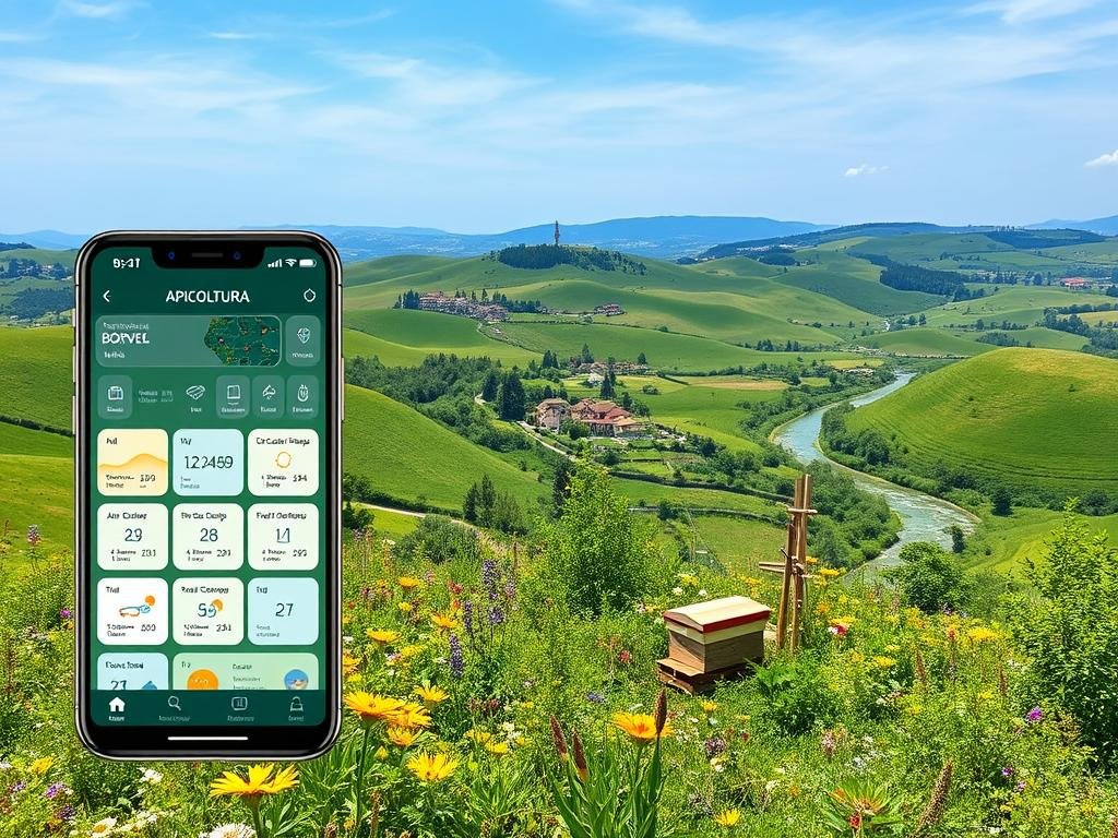 A lush, verdant landscape with rolling hills and a vibrant blue sky. In the foreground, a sleek, modern mobile application interface displays various climate-related data and tools for beekeepers. The app, titled "APICOLTURA BORVEI MIELE", offers features such as weather forecasts, air quality monitoring, and adaptation strategies for managing the effects of climate change on apiaries. The middle ground features a diverse array of bee-friendly flora, including vibrant wildflowers and thriving hives. In the background, a panoramic view of a picturesque Italian countryside, complete with rolling hills, quaint farmhouses, and a pristine, meandering stream. The overall scene conveys a sense of harmony between technology, nature, and the vital role of bees in maintaining a healthy, sustainable ecosystem.