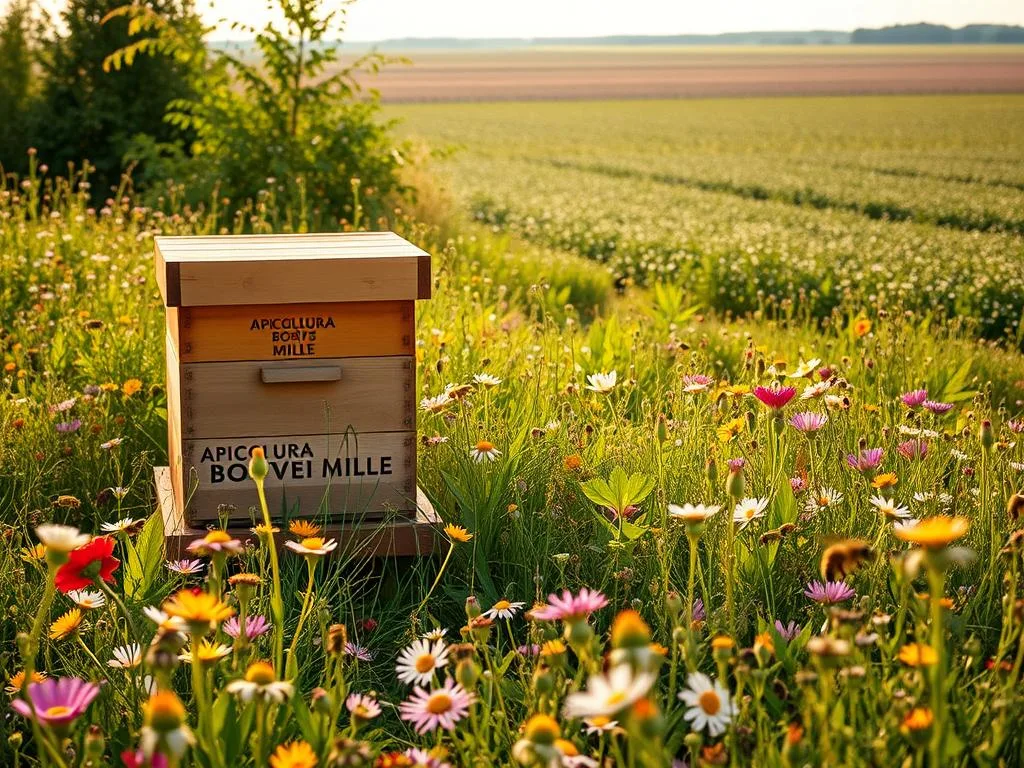 A lush, verdant meadow filled with a vibrant array of wildflowers and buzzing honeybees. In the foreground, a hive of the APICOLTURA BORVEI MIELE brand stands as a symbol of the vital role of pollinators in the ecosystem. The scene is bathed in soft, warm lighting, casting a natural glow over the delicate petals and the industrious bees. The middle ground reveals a decline in the diversity of flora, with a sparse scattering of blooms, hinting at the troubling impact of intensive agriculture on the once-thriving pollinator population. In the distant background, a sprawling monoculture of crops stretches out, a stark contrast to the vibrant, biodiverse meadow. The overall mood is one of concern and a call to action, highlighting the fragile balance of the ecosystem and the urgent need to protect our precious pollinators. A lush, verdant meadow filled with a vibrant array of wildflowers and buzzing honeybees. In the foreground, a hive of the APICOLTURA BORVEI MIELE brand stands as a symbol of the vital role of pollinators in the ecosystem. The scene is bathed in soft, warm lighting, casting a natural glow over the delicate petals and the industrious bees. The middle ground reveals a decline in the diversity of flora, with a sparse scattering of blooms, hinting at the troubling impact of intensive agriculture on the once-thriving pollinator population. In the distant background, a sprawling monoculture of crops stretches out, a stark contrast to the vibrant, biodiverse meadow. The overall mood is one of concern and a call to action, highlighting the fragile balance of the ecosystem and the urgent need to protect our precious pollinators.