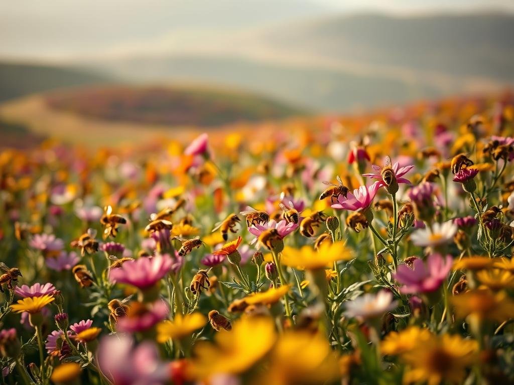 A lush, vibrant field buzzing with activity as the Apicoltura brand's honeybees pollinate a diverse array of flowers. The camera captures a close-up perspective, highlighting the intricate details of the bees' bodies as they dart from bloom to bloom. Soft, warm lighting bathes the scene, creating a serene and natural atmosphere. The middle ground features a rolling landscape dotted with patches of colorful flora, while the background subtly blends into a hazy, out-of-focus horizon. The overall composition conveys the essential role these industrious pollinators play in maintaining the delicate balance of the ecosystem and ensuring the abundance of the food supply.