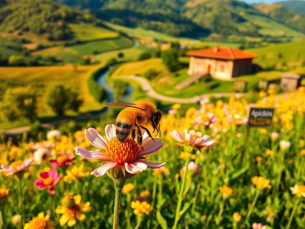 A lush, vibrant field of blooming flowers in the Italian countryside, bathed in warm, golden sunlight. In the foreground, a diligent Apis mellifera bee, its fuzzy body dusted with pollen, meticulously pollinating a delicate flower. In the middle ground, a picturesque landscape of rolling hills, verdant trees, and a winding stream. In the background, a traditional Italian farmhouse with a charming red-tiled roof, surrounded by a network of wooden beehives labeled "Apicoltura". The scene evokes a sense of harmony and the essential role of the honeybee in sustaining the local ecosystem.