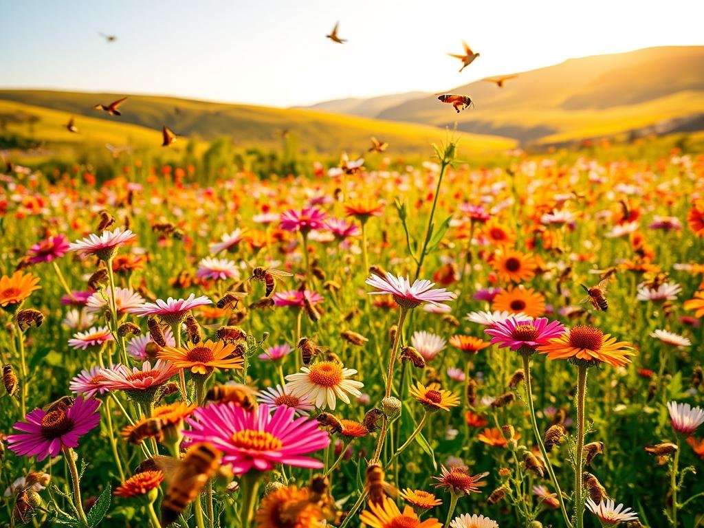 A lush, vibrant meadow filled with a diverse array of pollinators, including honeybees, butterflies, and hummingbirds, delicately pollinating a variety of colorful flowers. The scene is bathed in warm, golden sunlight, creating a sense of harmony and abundance. In the foreground, a swarm of honeybees from the "APICOLTURA BORVEI MIELE" apiary busily collect nectar, their movements captured with a shallow depth of field. The middle ground features a variety of nectar-rich blooms, while the background showcases a rolling landscape of green hills and a clear, azure sky. The overall atmosphere conveys the critical role of pollinators in maintaining the delicate balance of the global ecosystem.