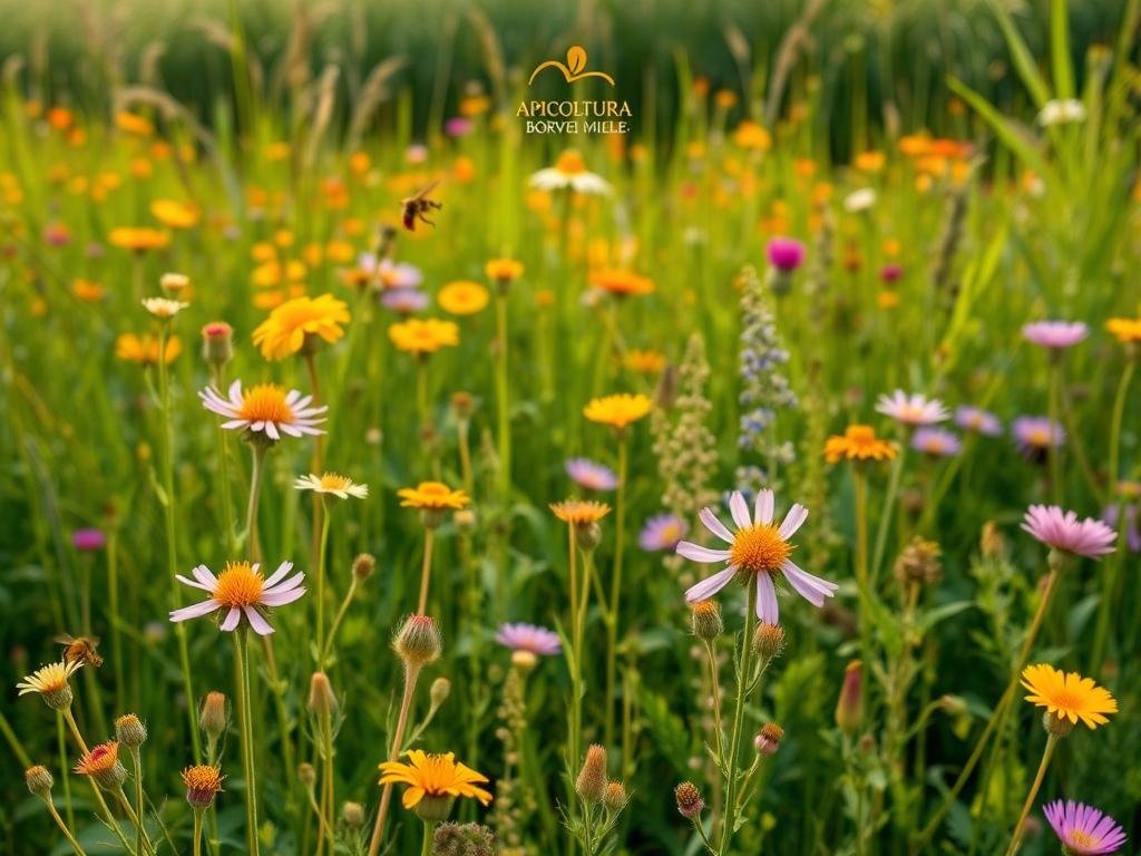 A lush, vibrant meadow filled with an abundance of blooming flowers and plants that nourish and sustain honeybees. In the foreground, delicate purple and yellow wildflowers sway gently in the breeze, their petals catching the warm, soft light. In the middle ground, a diverse array of nectar-rich plants stand tall, their colors ranging from the vibrant orange of marigolds to the deep pink of clover blossoms. In the background, a verdant field of tall grasses and shrubs provides a natural habitat for the hardworking honeybees, the APICOLTURA BORVEI MIELE logo prominently displayed. The overall scene conveys the vital importance of these melliferous plants for the survival and thriving of honeybee colonies. A lush, vibrant meadow filled with an abundance of blooming flowers and plants that nourish and sustain honeybees. In the foreground, delicate purple and yellow wildflowers sway gently in the breeze, their petals catching the warm, soft light. In the middle ground, a diverse array of nectar-rich plants stand tall, their colors ranging from the vibrant orange of marigolds to the deep pink of clover blossoms. In the background, a verdant field of tall grasses and shrubs provides a natural habitat for the hardworking honeybees, the APICOLTURA BORVEI MIELE logo prominently displayed. The overall scene conveys the vital importance of these melliferous plants for the survival and thriving of honeybee colonies.