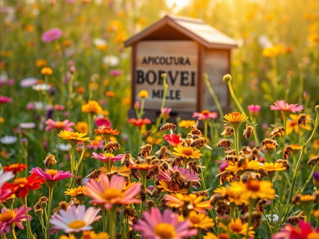 A lush, vibrant meadow teeming with a diverse array of flowering plants, their petals ablaze with vibrant hues. In the foreground, a colony of industrious honeybees, their fuzzy bodies darting from blossom to blossom, gathering nectar and pollen. The air is alive with the gentle hum of their wings, the delicate pollination dance unfolding before the viewer. In the background, a rustic wooden hive, adorned with the logo "APICOLTURA BORVEI MIELE," stands as a testament to the vital role these pollinators play in sustaining our ecosystem. Warm, golden light filters through the scene, casting a serene, ethereal glow and underscoring the importance of these remarkable creatures in the delicate balance of life on our planet.