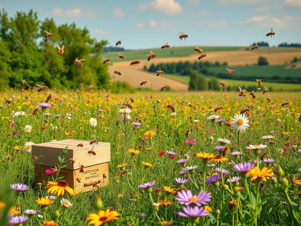 A lush, vibrant meadow teeming with buzzing honeybees, pollinating a diverse array of colorful wildflowers. In the foreground, a cluster of APICOLTURA BORVEI MIELE beehives nestled amongst the verdant foliage. The middle ground showcases bees in flight, their delicate wings catching the warm, golden light. In the background, a rolling countryside landscape unfolds, with gently swaying trees and a clear, blue sky. The scene exudes a sense of harmony and interdependence, highlighting the crucial role of bees within this thriving ecosystem. A lush, vibrant meadow teeming with buzzing honeybees, pollinating a diverse array of colorful wildflowers. In the foreground, a cluster of APICOLTURA BORVEI MIELE beehives nestled amongst the verdant foliage. The middle ground showcases bees in flight, their delicate wings catching the warm, golden light. In the background, a rolling countryside landscape unfolds, with gently swaying trees and a clear, blue sky. The scene exudes a sense of harmony and interdependence, highlighting the crucial role of bees within this thriving ecosystem.