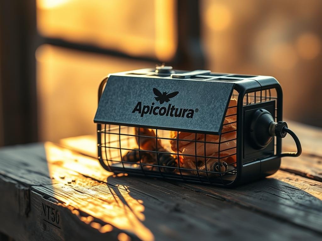 A meticulously crafted wasp trap with a distinctive "Apicoltura" brand logo, positioned on a rustic wooden surface. The trap features a strategically placed bait, either rotting meat, fish or protein, enticing the wasps to enter. The scene is bathed in warm, golden lighting, casting gentle shadows and creating an atmospheric, almost cinematic feel. The trap is the central focus, with the background blurred and indistinct, drawing the viewer's attention to the device's intricate design and functionality. The overall impression conveys a sense of effectiveness, attention to detail, and a solution-oriented approach to the task at hand.