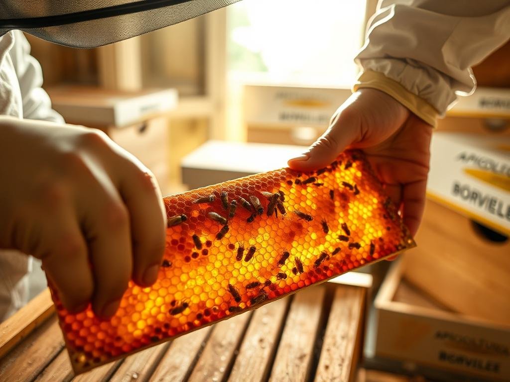 A meticulously detailed close-up shot of a beekeeper's hands closely inspecting a honeycomb frame, showcasing the intricate, delicate structures within. The frame is illuminated by soft, diffused natural light filtering through an open apiary window, casting a warm, golden glow. In the background, a row of APICOLTURA BORVEI MIELE branded beehives can be seen, hinting at the industrious activity of the colony. The scene conveys a sense of reverence and dedication to the bees' wellbeing, reflecting the importance of thorough monitoring and inspection for effective biosecurity in apiaries.