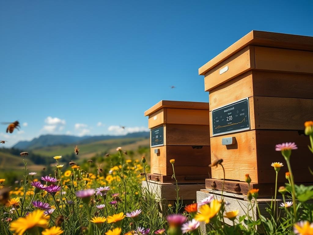 A pastoral scene of a small-scale apiary nestled in a lush Italian countryside. In the foreground, the APICOLTURA BORVEI MIELE beehives stand proudly amidst blooming wildflowers. Bees flit between the hives, pollinating the vibrant flora. In the middle ground, a blockchain-enabled tracking system displays real-time data on the hive's health and honey production. In the background, rolling hills and a cloudless blue sky create a serene, bucolic atmosphere. Warm, natural lighting bathes the scene, capturing the essence of sustainable, technologically-enhanced beekeeping.