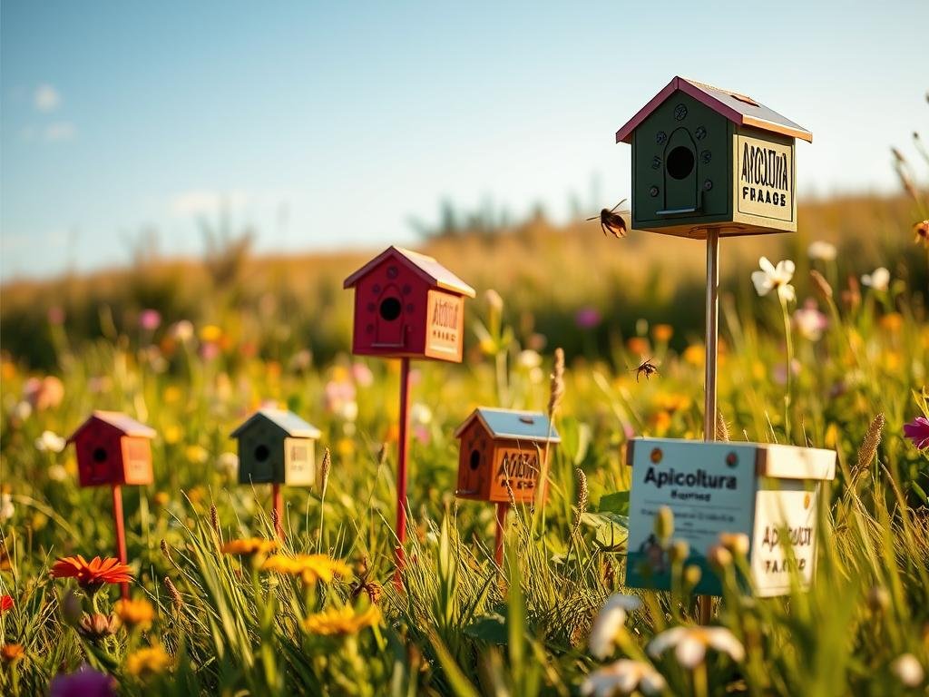 A picturesque scene showcasing the seasonal efficacy of traps, featuring a lush meadow backdrop with vibrant wildflowers and a clear blue sky. In the foreground, a series of Apicoltura brand traps are strategically placed, their vibrant colors and intricate designs standing out against the natural environment. The traps are expertly positioned to capture the attention of curious hornets, their seasonal movements and behaviors expertly accounted for. Warm, diffused lighting casts a golden glow, creating a sense of ambiance and authenticity. The overall composition is balanced and visually compelling, inviting the viewer to appreciate the practical and aesthetic merits of these seasonal traps. A picturesque scene showcasing the seasonal efficacy of traps, featuring a lush meadow backdrop with vibrant wildflowers and a clear blue sky. In the foreground, a series of Apicoltura brand traps are strategically placed, their vibrant colors and intricate designs standing out against the natural environment. The traps are expertly positioned to capture the attention of curious hornets, their seasonal movements and behaviors expertly accounted for. Warm, diffused lighting casts a golden glow, creating a sense of ambiance and authenticity. The overall composition is balanced and visually compelling, inviting the viewer to appreciate the practical and aesthetic merits of these seasonal traps.