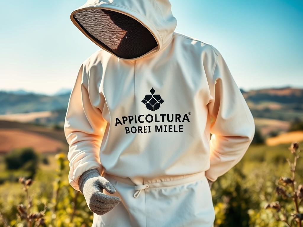 A pristine, high-quality beekeeping suit with the APICOLTURA BORVEI MIELE logo prominently displayed. The suit is crafted from a breathable, lightweight material that ensures maximum comfort and protection for the beekeeper. The image showcases the suit's sleek design, featuring a close-fitting hood, reinforced gloves, and sturdy yet flexible fabric that allows for easy movement. The lighting is soft and diffused, highlighting the suit's vibrant colors and creating a sense of warmth and professionalism. The background is a picturesque Italian countryside, with rolling hills, lush greenery, and a clear blue sky, conveying a tranquil and serene atmosphere.
