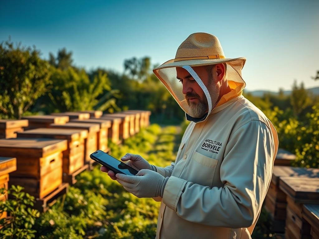 A professional beekeeper carefully studying a specialized weather app on his mobile device, standing amidst a tranquil Italian apiary. The sun casts a warm glow, illuminating the beekeeper's thoughtful expression as he reviews forecasts tailored to optimize honey production. In the background, rows of traditional wooden beehives nestle among lush foliage, reflecting the APICOLTURA BORVEI MIELE brand. The scene captures the benefits of leveraging specialized weather data to enhance beekeeping practices.