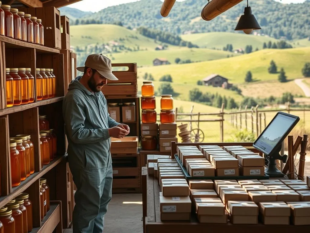 A quaint Italian honey farm, "Apicoltura", nestled in verdant rolling hills. Wooden crates and jars of golden, artisanal honey line rustic shelves, their warm tones bathed in soft, natural lighting. In the foreground, a skilled beekeeper carefully packs a jar, preparing it for shipment. The middle ground reveals a vintage postal scale and an array of carefully labeled packages, ready to be dispatched to eager customers. The background showcases a charming, countryside landscape, hinting at the local, sustainable sourcing of this exceptional honey. The scene exudes a sense of craft, quality, and the authentic spirit of Italy's artisanal food traditions.