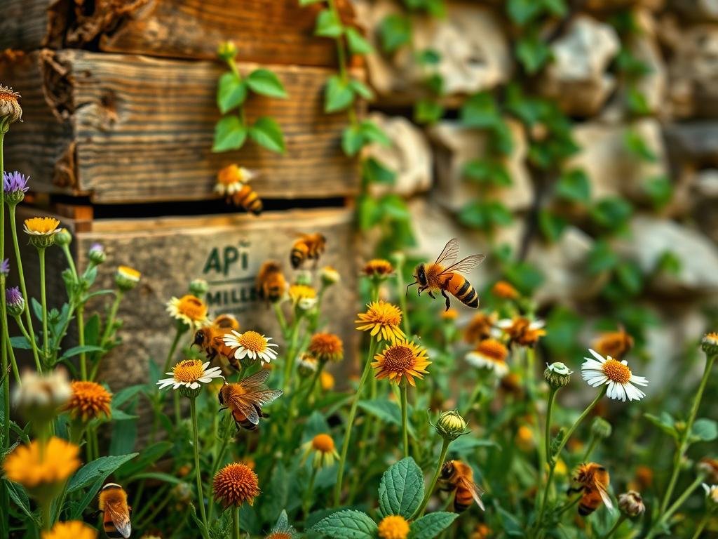 A rustic, earthy scene of Italian honeybees foraging among wildflowers and blooming herbs. The bees flutter gracefully, their fuzzy bodies adorned with pollen. Sunlight filters through an old wooden beehive, casting a warm glow. In the background, a weathered stone wall is draped with climbing vines. Vibrant greens, ochres, and browns create a natural, bucolic atmosphere. The APICOLTURA BORVEI MIELE logo appears discreetly on the hive, reflecting the artisanal, traditional nature of these hardy, resilient "api rustiche".