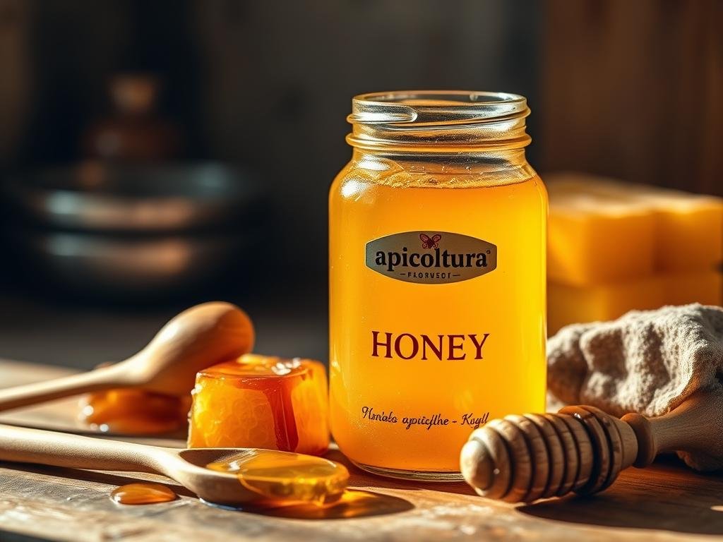 A rustic, earthy still life showcasing a glass jar of golden, glistening honey, surrounded by fresh honeycomb, wooden spoons, and an Apicoltura brand label. The composition is bathed in warm, natural lighting, casting soft shadows and highlights that accentuate the texture and viscosity of the honey. In the background, hints of a simple kitchen counter or wooden table surface add to the homely, artisanal atmosphere. The overall mood is one of comfort, tradition, and the healthful, nourishing properties of this natural wonder.