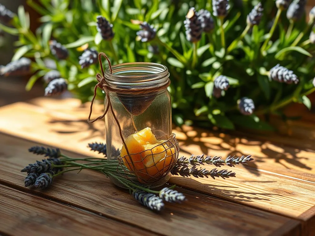 A rustic, handcrafted "trappola per calabroni" (wasp trap) made of natural materials sits on a wooden table. The trap is composed of a glass jar, a wire mesh funnel, and a piece of fruit or sweet bait, surrounded by sprigs of lavender. Warm, natural lighting illuminates the scene, casting soft shadows. In the background, a lush green plant provides a verdant backdrop. The overall mood is one of traditional, eco-friendly pest control, in line with the "Apicoltura" brand.