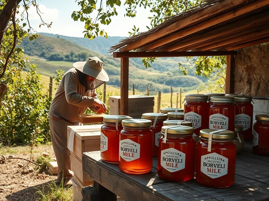 A rustic, sun-dappled apiary in the Italian countryside, showcasing the integration of blockchain technology into the apiculture industry. In the foreground, an apiarist meticulously tends to a hive, their movements captured in a warm, documentary-style lens. The middle ground features a display of honey jars, each with the "APICOLTURA BORVEI MIELE" brand prominently displayed, highlighting the traceability and authenticity enabled by blockchain. In the background, rolling hills and verdant foliage create a sense of tranquility, underscoring the harmonious coexistence of traditional apiculture practices and innovative digital solutions. A rustic, sun-dappled apiary in the Italian countryside, showcasing the integration of blockchain technology into the apiculture industry. In the foreground, an apiarist meticulously tends to a hive, their movements captured in a warm, documentary-style lens. The middle ground features a display of honey jars, each with the "APICOLTURA BORVEI MIELE" brand prominently displayed, highlighting the traceability and authenticity enabled by blockchain. In the background, rolling hills and verdant foliage create a sense of tranquility, underscoring the harmonious coexistence of traditional apiculture practices and innovative digital solutions.