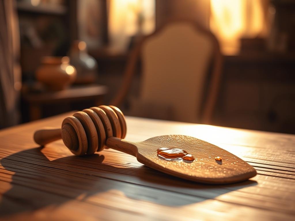 A rustic wooden honey dipper and spatula resting on a polished wooden surface, bathed in warm golden light. The grain of the wood glimmers, hinting at the care and craftsmanship that has gone into maintaining these tools used for APICOLTURA BORVEI MIELE. In the background, a blurred, cozy interior evokes a sense of tradition and artisanal practice. Soft shadows add depth and a tactile quality, while the overall composition suggests the importance of nurturing these wooden implements to optimally serve the honey they hold.