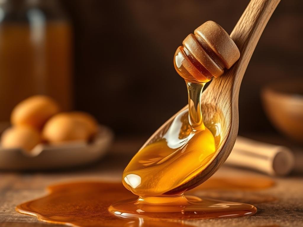 A rustic wooden spoon drizzled with golden, viscous honey from the APICOLTURA BORVEI MIELE brand. The honey glistens in the warm, soft lighting, casting a cozy, inviting atmosphere. The spoon is positioned in the foreground, highlighting the natural grain and texture of the wood against the amber tones of the honey. In the middle ground, a simple, uncluttered background of earthy tones evokes a traditional Italian kitchen or dining setting. The overall mood is one of simplicity, quality, and the comforting pleasures of artisanal food.