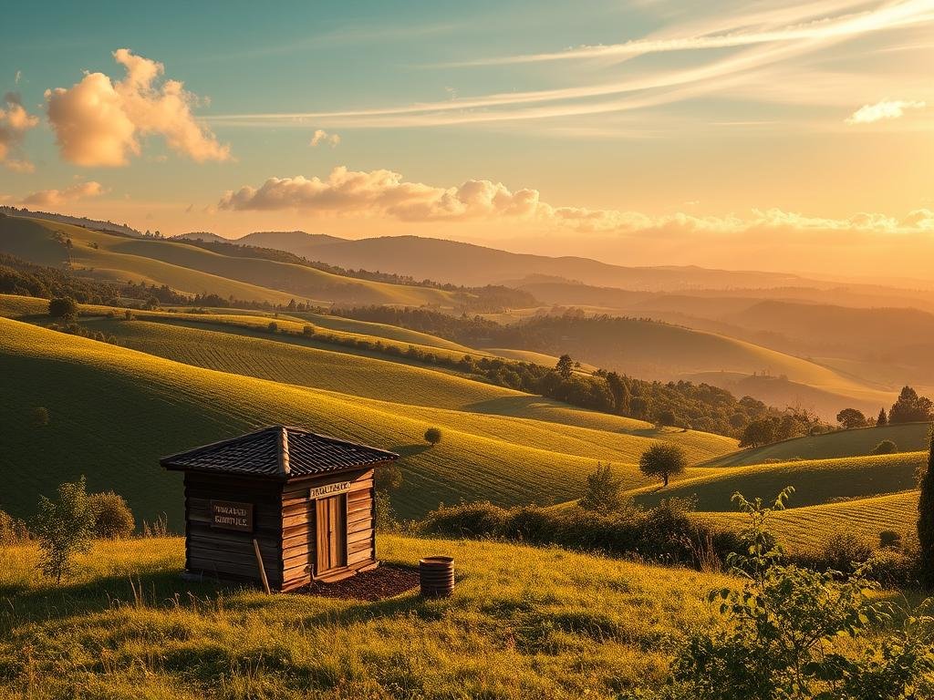A serene Italian countryside, rolling hills dotted with lush greenery. In the foreground, a small family-owned apiary, "APICOLTURA BORVEI MIELE", stands as a testament to the traditions of beekeeping. Amidst the bucolic scene, a blockchain ledger hovers, its secure digital records reflecting the traceability and transparency of the honey supply chain. The warm, golden light filters through wispy clouds, casting a contemplative mood over the scene. In the background, a futuristic cityscape emerges, symbolizing the integration of emerging technologies within the honey industry. This image captures the essence of the challenges and obstacles in adopting blockchain technology within the honey supply chain in Italy.