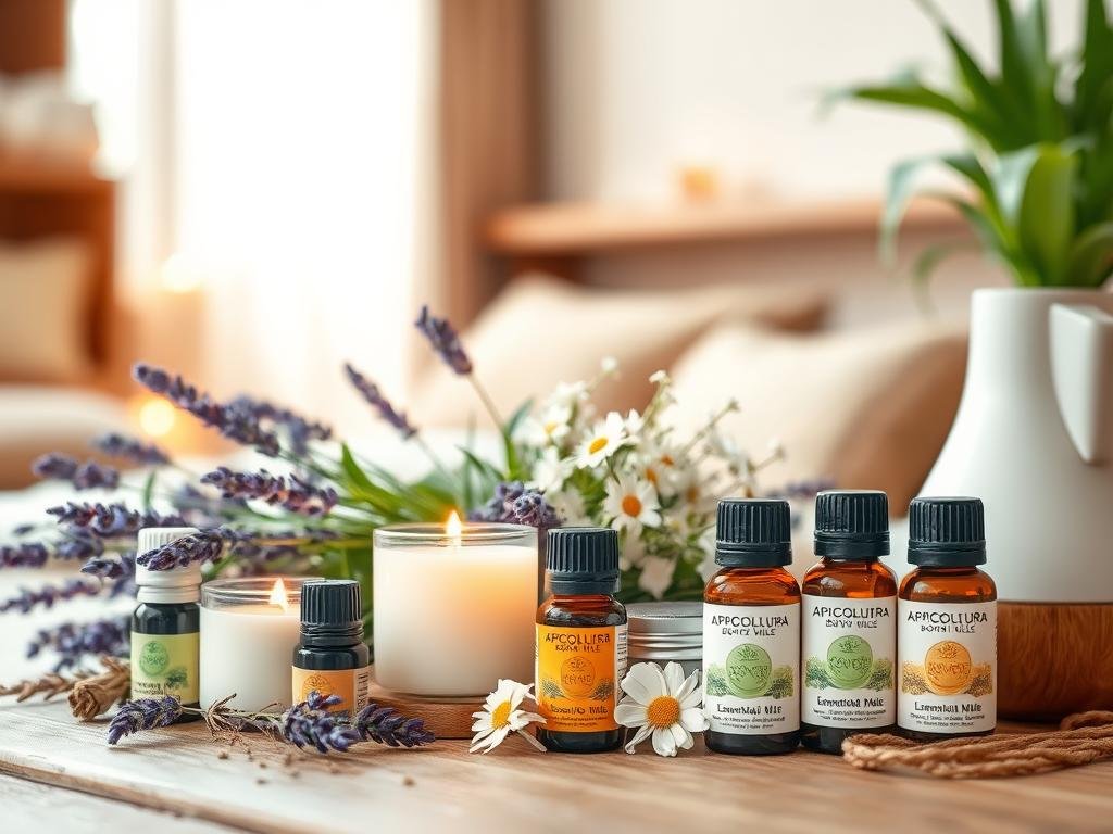 A serene and tranquil scene of aromatherapy. In the foreground, an assortment of essential oils, candles, and a diffuser emit a soothing fragrance. The middle ground features a delicate bouquet of lavender, chamomile, and other calming herbs. The background showcases a cozy, warm-lit interior with natural textures like wood and stone, creating a calming, spa-like atmosphere. Soft, diffused lighting casts a gentle glow, and the camera angle is slightly elevated to capture the harmonious arrangement. APICOLTURA BORVEI MIELE products are displayed prominently, reflecting the natural, holistic approach to well-being.
