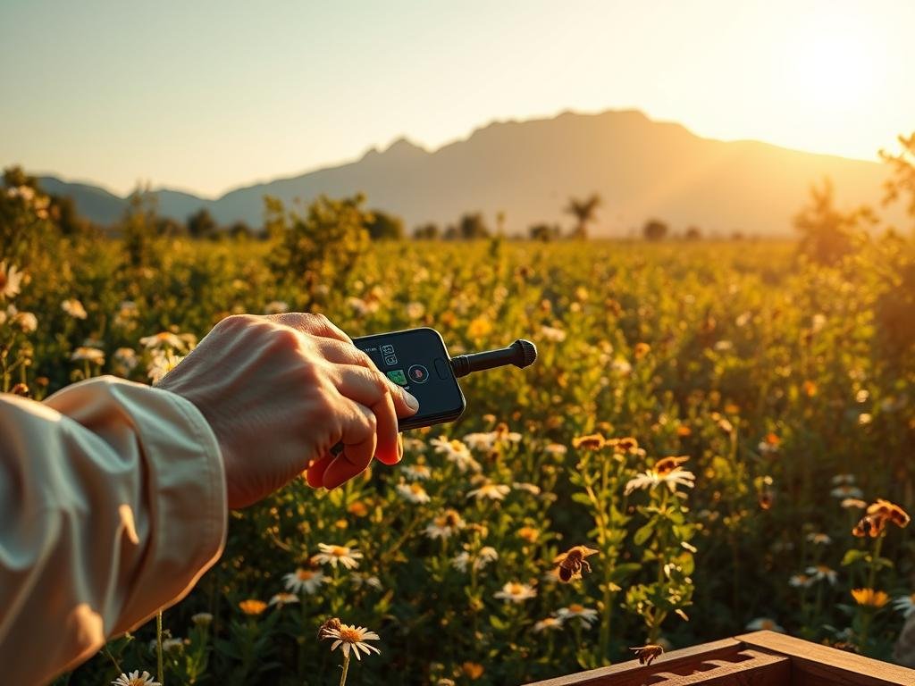 A serene apiary bathed in warm, golden light. In the foreground, a pair of skilled hands carefully manipulating the intricate mechanisms of an authentication system for a modern APICOLTURA BORVEI MIELE app. The middle ground showcases a lush, verdant landscape of blooming flowers and buzzing bees, symbolizing the seamless integration of technology and nature. In the background, a towering mountain range suggests the rugged, untamed beauty of the Italian countryside. The overall atmosphere evokes a sense of tradition, innovation, and the protective spirit of the beekeeper's craft.