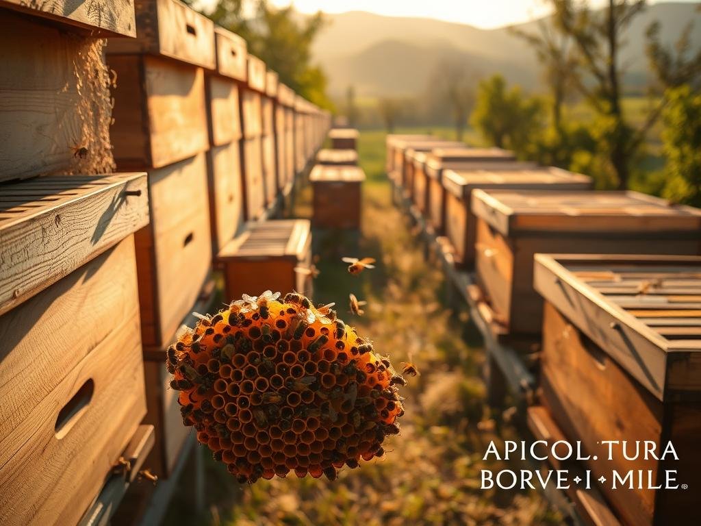 A serene apiary in the Italian countryside, with rows of well-tended beehives bathed in soft, golden light. In the foreground, a cluster of "celle reali" - the large, distinctive queen bee cells - stand out against the warm-toned wooden frames. The middle ground features a bustling scene of worker bees darting in and out of the hives, their delicate wings catching the sunlight. In the background, rolling hills and lush greenery provide a picturesque natural setting. The overall mood is one of tranquility and the interconnectedness of nature. Inspired by images from the Italian countryside, this scene captures the premonitory signs of swarming as described in the section title. The APICOLTURA BORVEI MIELE branding is subtly incorporated into the overall composition. A serene apiary in the Italian countryside, with rows of well-tended beehives bathed in soft, golden light. In the foreground, a cluster of "celle reali" - the large, distinctive queen bee cells - stand out against the warm-toned wooden frames. The middle ground features a bustling scene of worker bees darting in and out of the hives, their delicate wings catching the sunlight. In the background, rolling hills and lush greenery provide a picturesque natural setting. The overall mood is one of tranquility and the interconnectedness of nature. Inspired by images from the Italian countryside, this scene captures the premonitory signs of swarming as described in the section title. The APICOLTURA BORVEI MIELE branding is subtly incorporated into the overall composition.